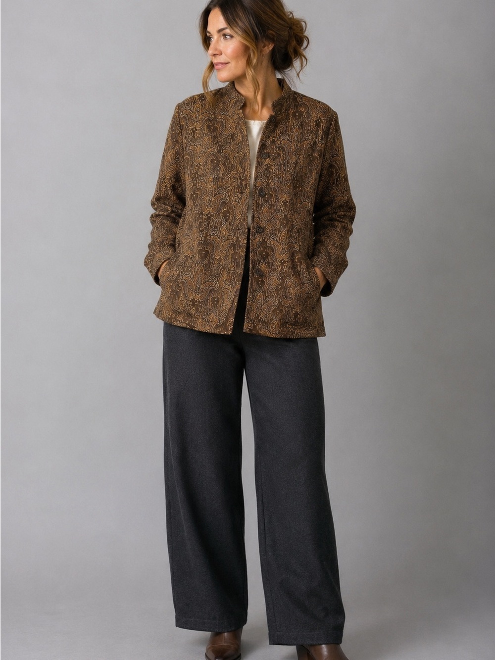 Coldwater Creek Brown Gold Jacquard Button Front Jacket 1X